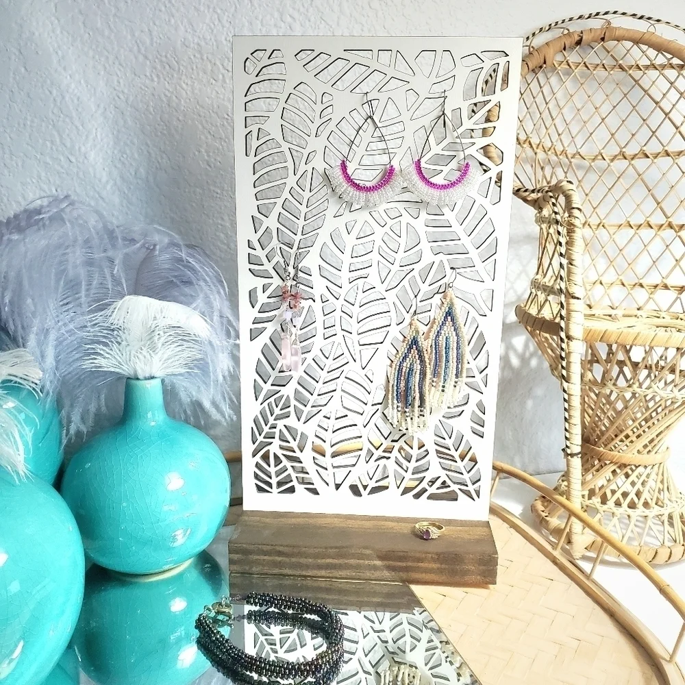 NEW Handcrafted Laser Cut Wooden Jewelry Stand Leaf Design Boho
